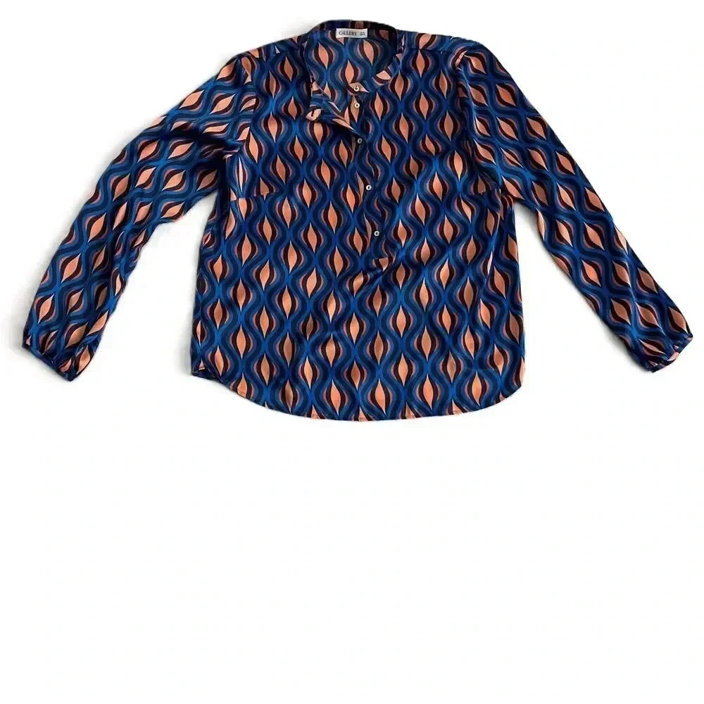 Gallery‎ Navy Retro Style Long Sleeves Printed Pattern Blouse UK 14